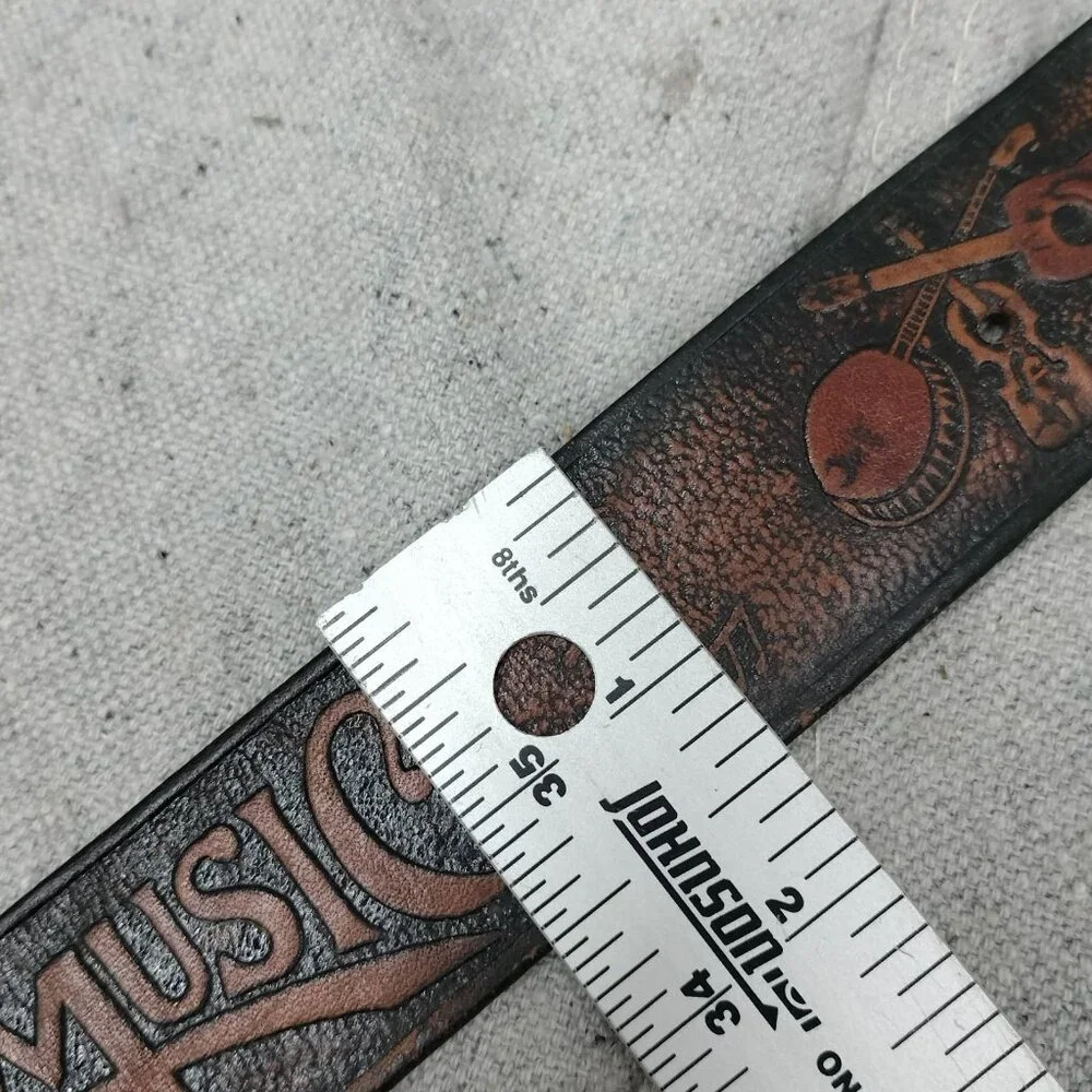 Vintage 80s Tooled Guitar Banjo Fiddle Country Music Brown Leather Belt XS Small